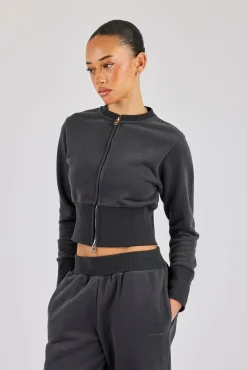 Fitted Rib Zip Through Sweat - Charcoal