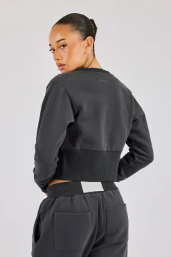 Fitted Rib Zip Through Sweat & Wide Leg Jogger - Charcoal