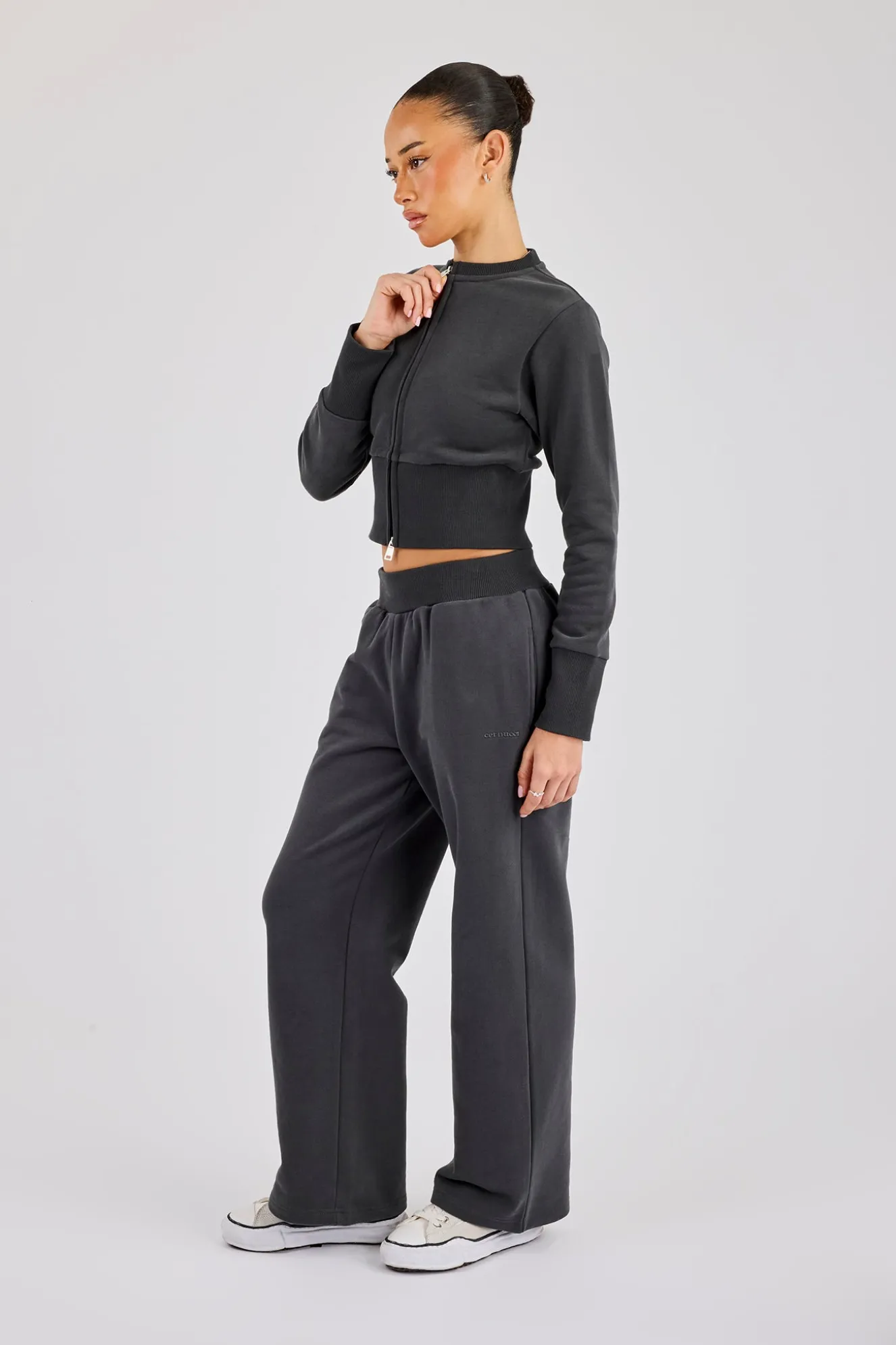 Fitted Rib Zip Through Sweat & Wide Leg Jogger - Charcoal