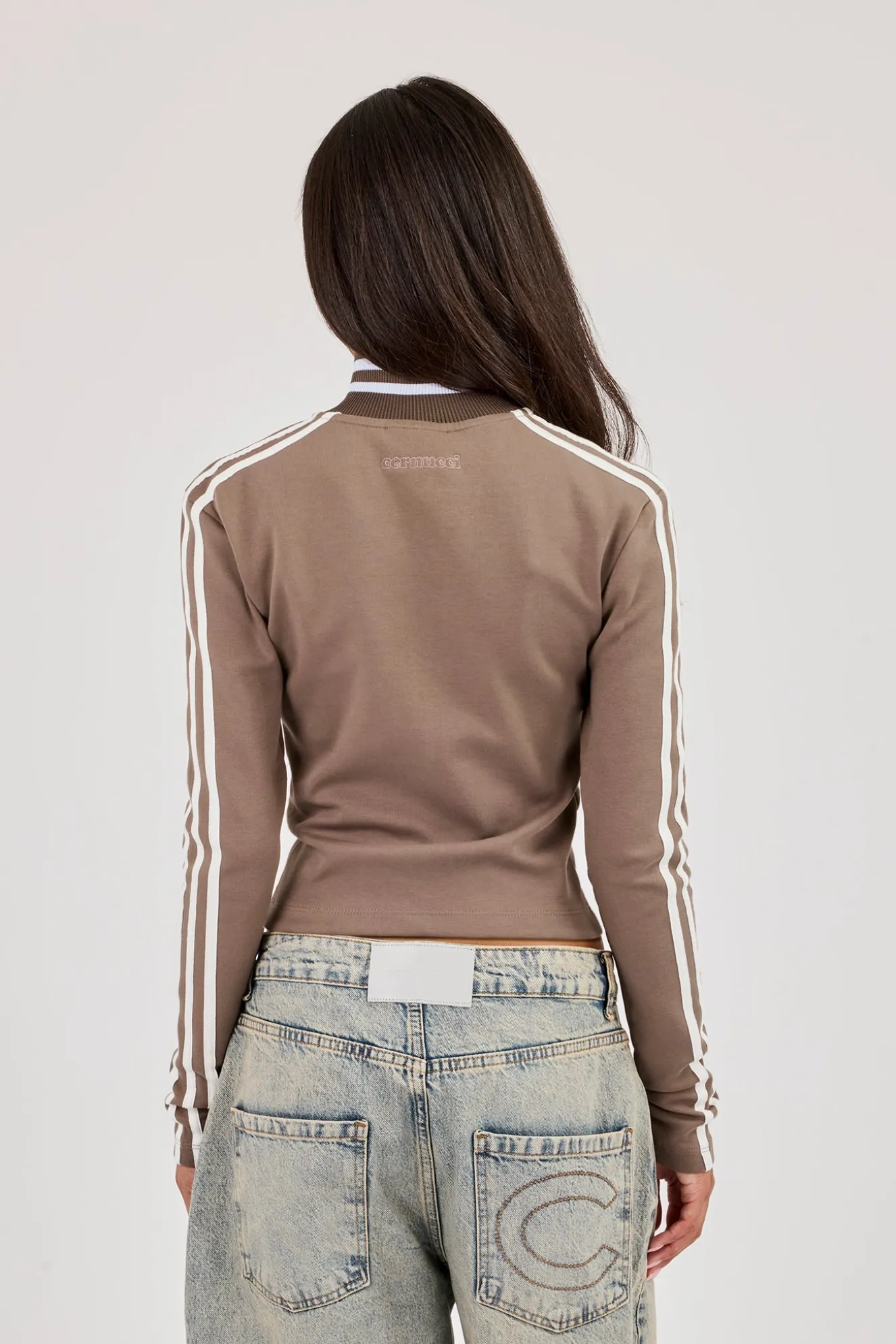 Fitted Sports Stripe Zip Through Funnel Neck - Taupe