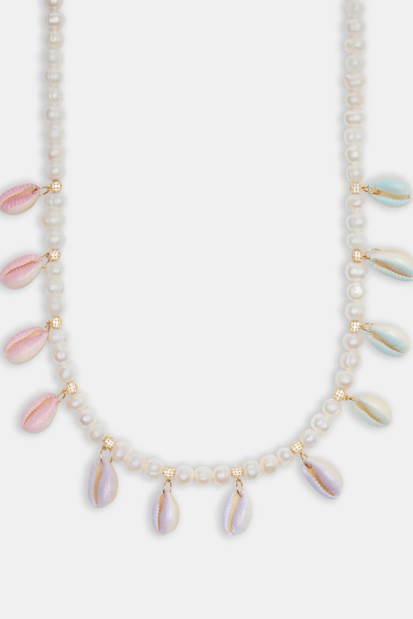 Freshwater Pearl Pastel Cowrie Shell Necklace - Gold - 6mm