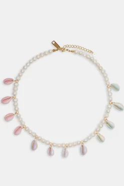 Freshwater Pearl Pastel Cowrie Shell Necklace - Gold - 6mm