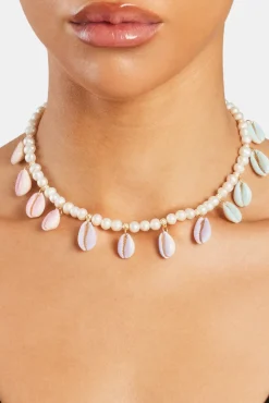 Freshwater Pearl Pastel Cowrie Shell Necklace - Gold - 6mm