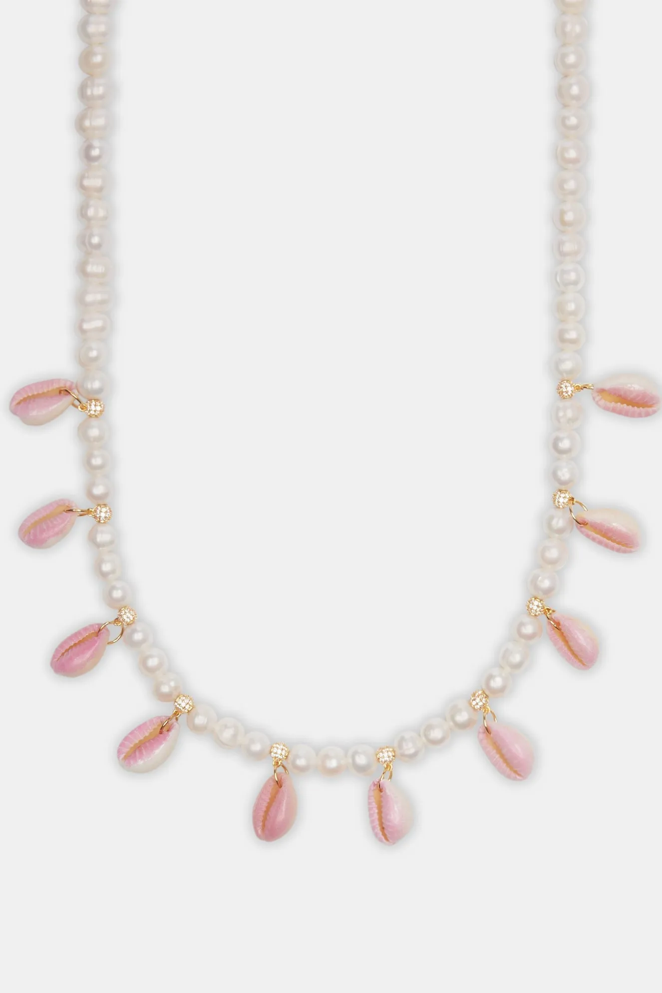 Freshwater Pearl Pink Cowrie Shell Necklace - Gold - 6mm