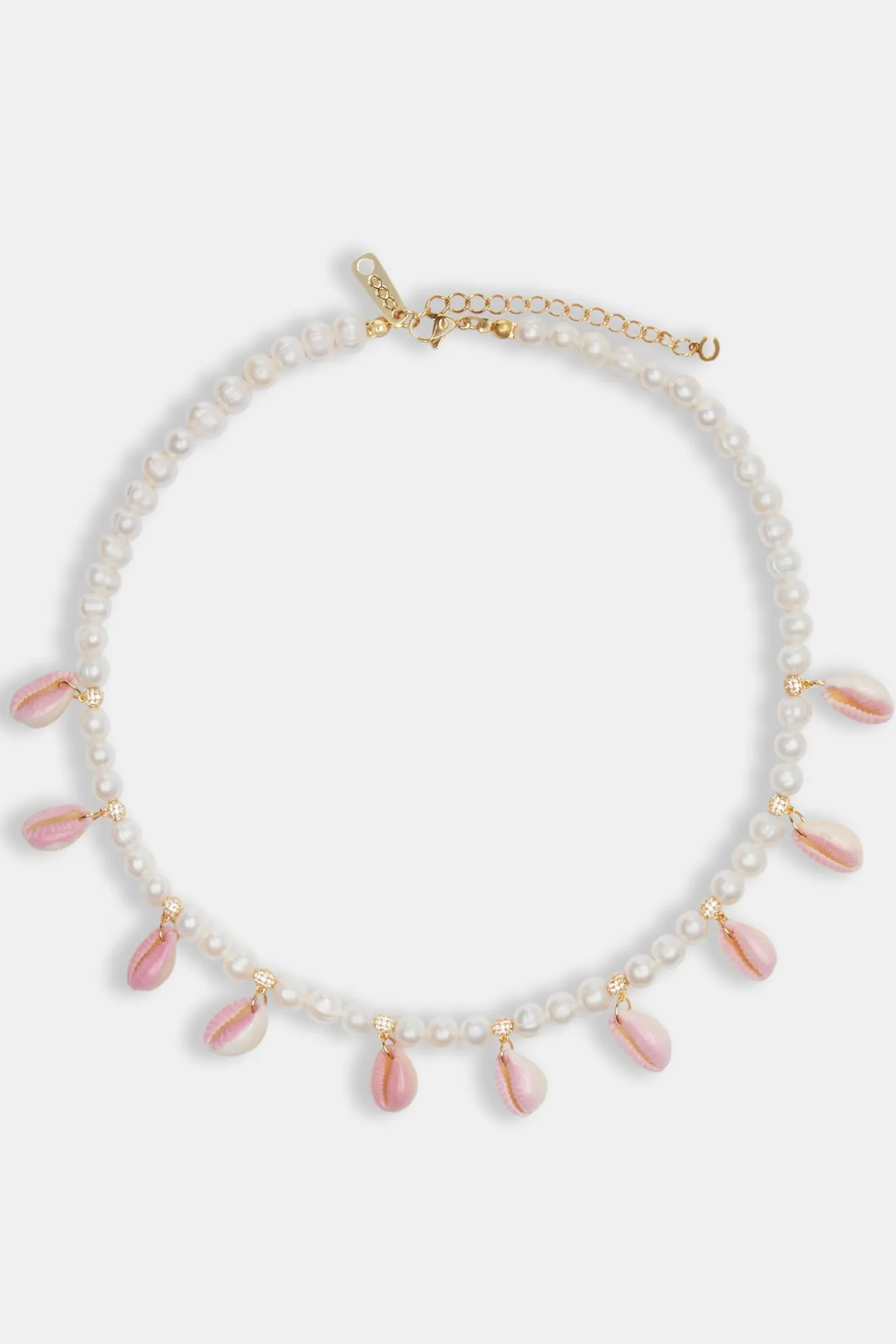 Freshwater Pearl Pink Cowrie Shell Necklace - Gold - 6mm