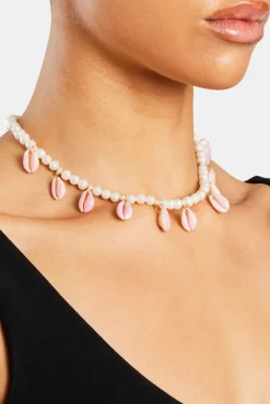 Freshwater Pearl Pink Cowrie Shell Necklace - Gold - 6mm