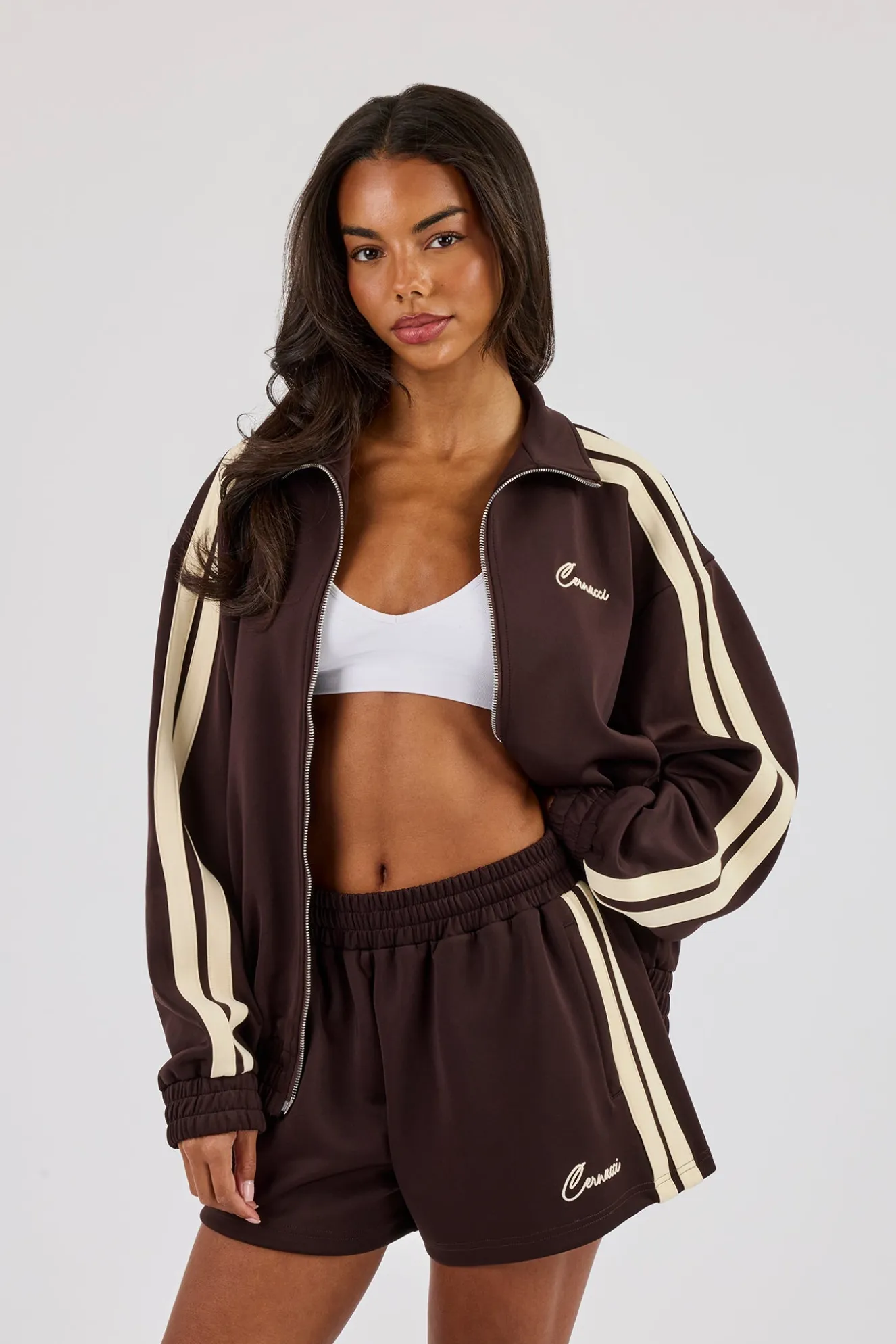 Funnel Neck Butter Yellow Taping Zip Through Track Jacket - Chocolate