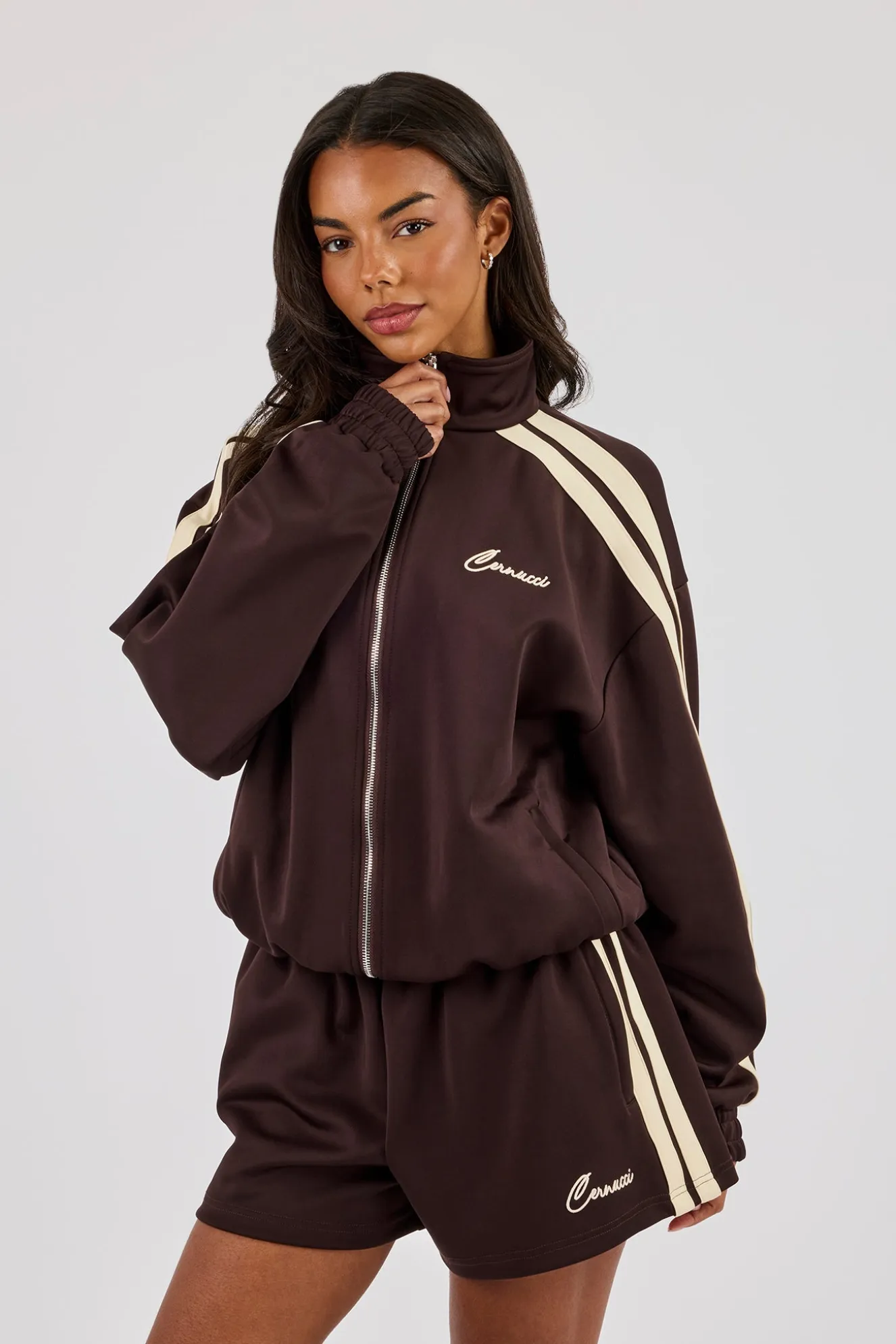 Funnel Neck Butter Yellow Taping Zip Through Track Jacket - Chocolate