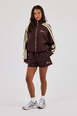 Funnel Neck Butter Yellow Taping Zip Through Track Jacket - Chocolate