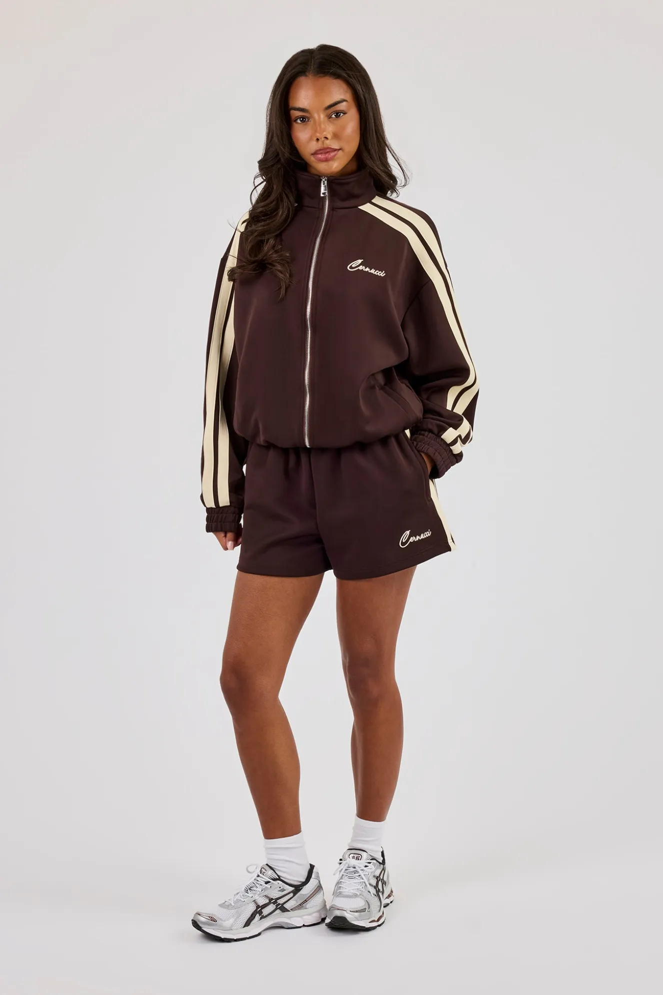 Funnel Neck Butter Yellow Taping Zip Through Track Jacket - Chocolate