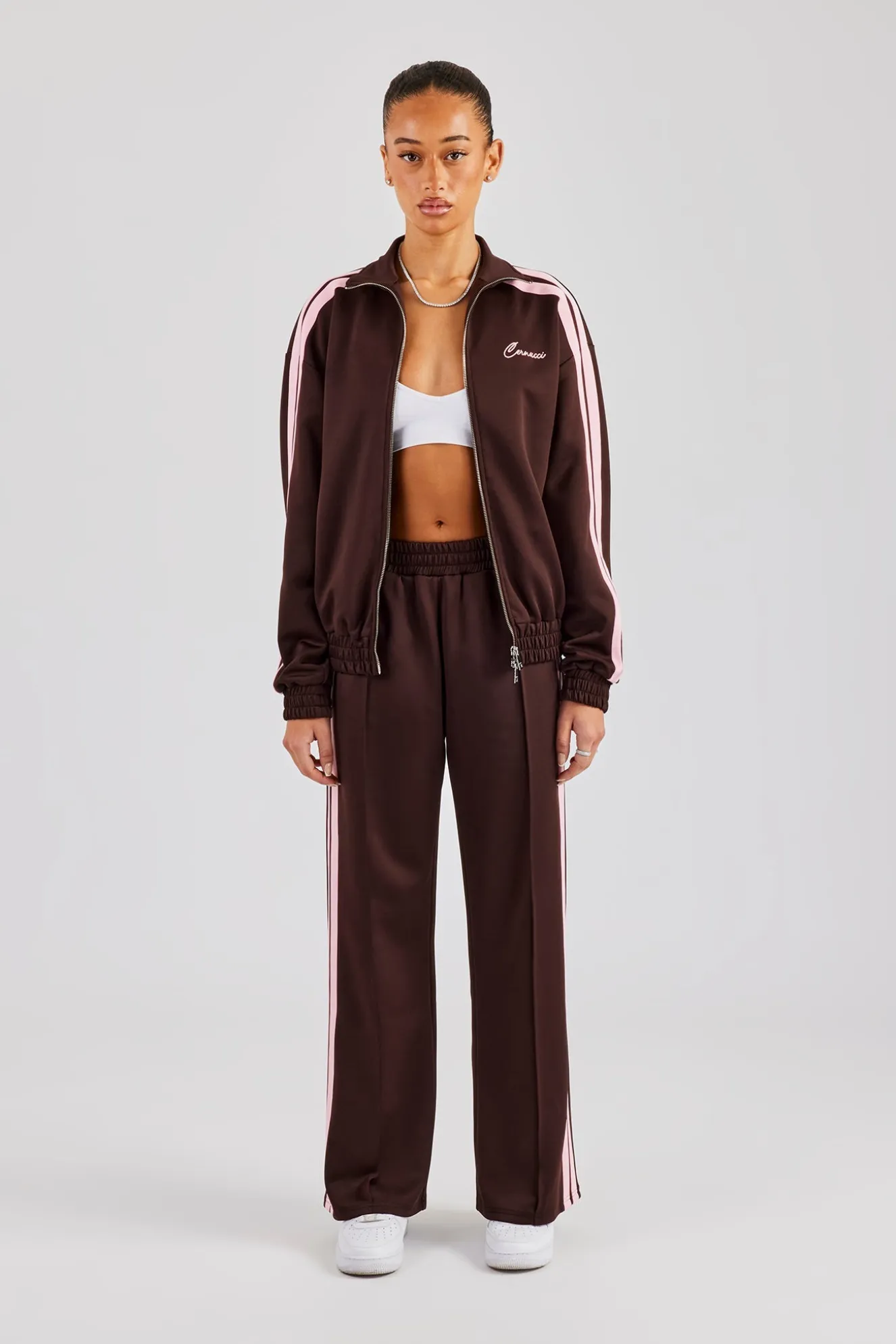 Funnel Neck Pink Taping Zip Through Tracksuit - Chocolate