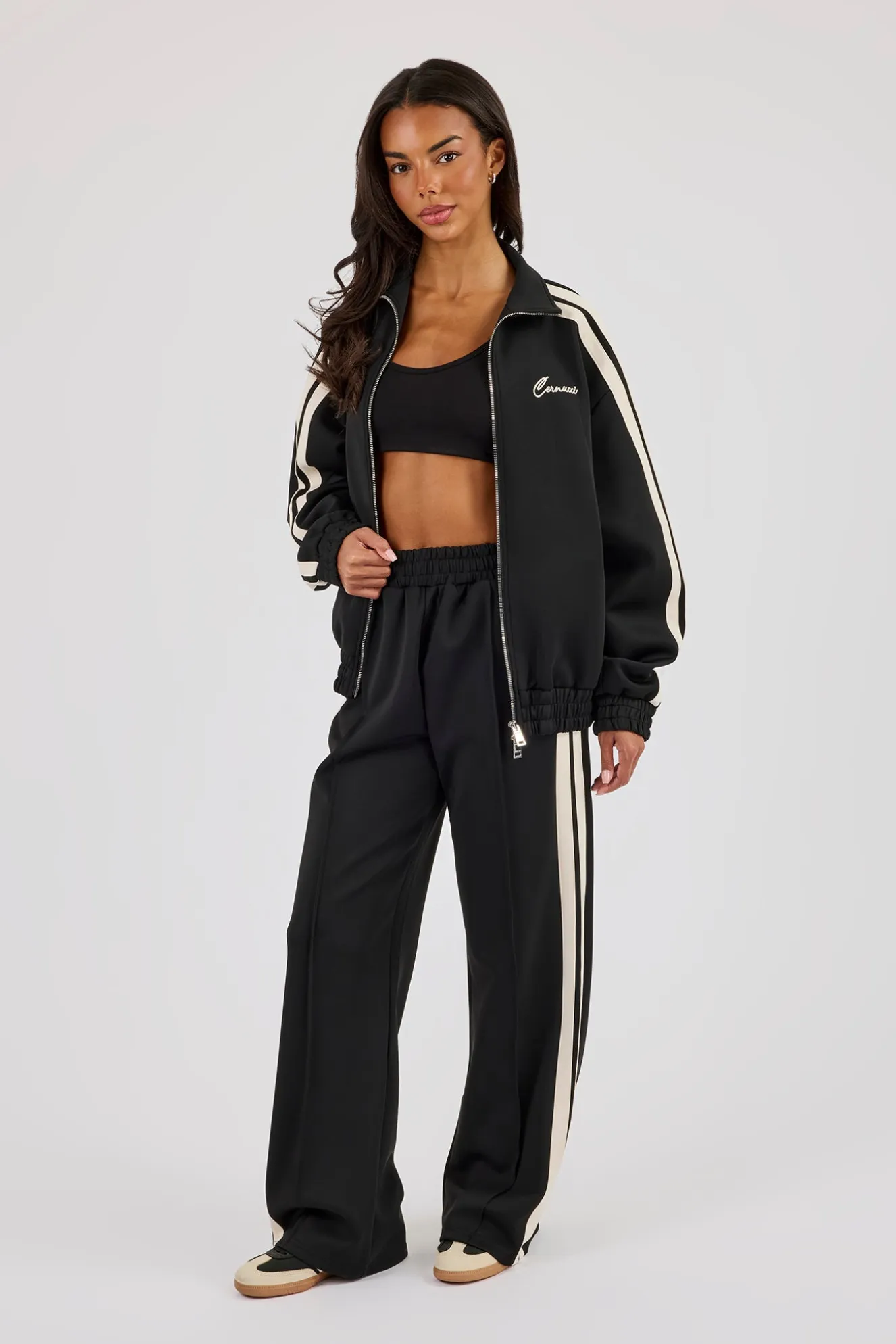 Funnel Neck Taping Jacket & Wide Leg Jogger - Black