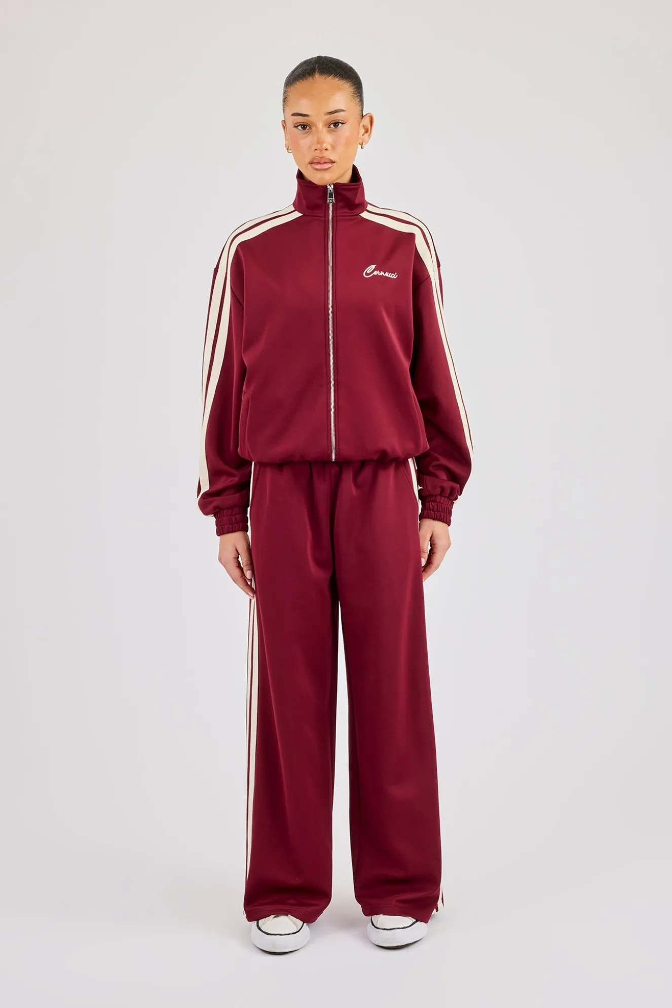 Funnel Neck Taping Track Jacket & Super Baggy Taping Pant - Burgundy