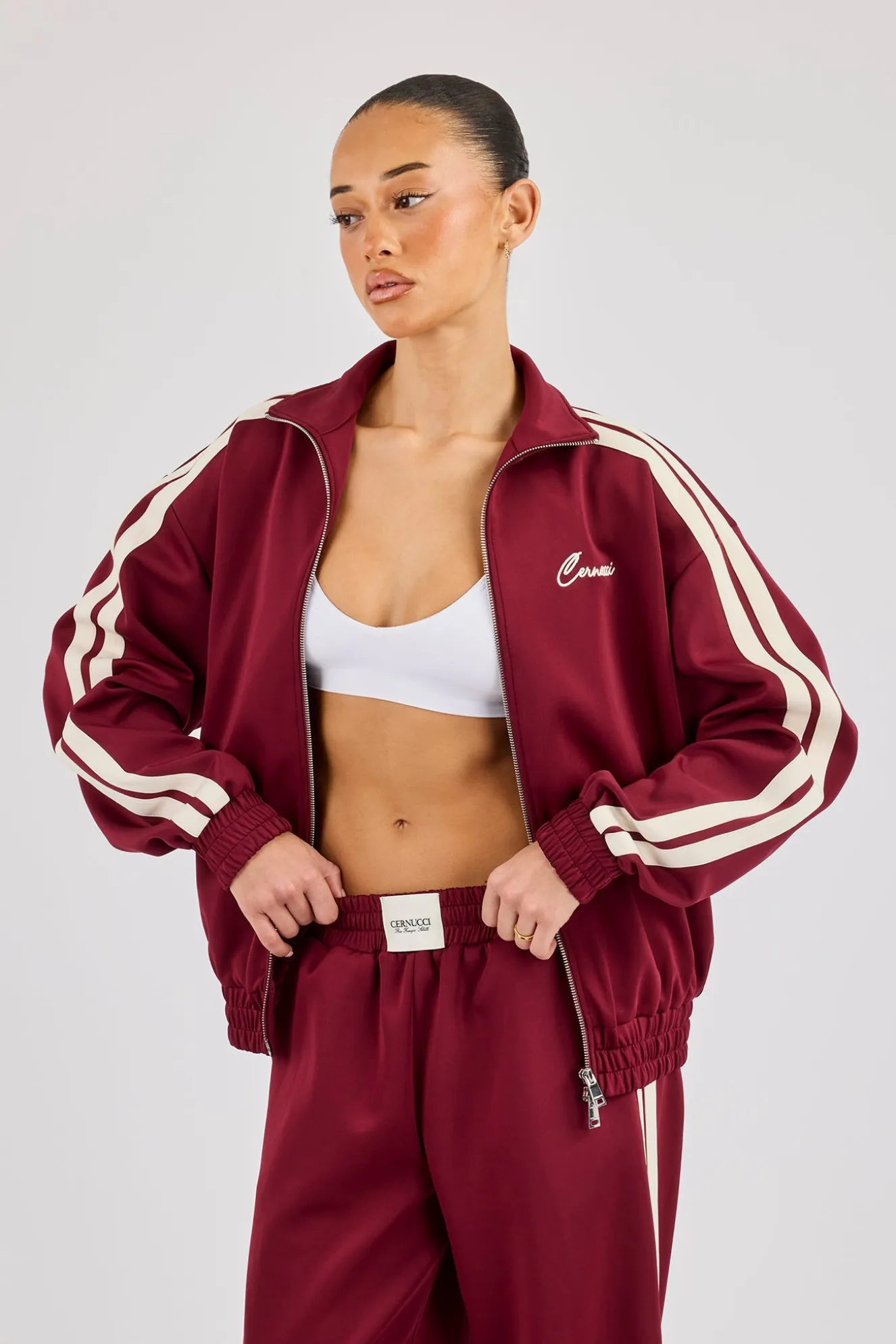 Funnel Neck Taping Track Jacket & Super Baggy Taping Pant - Burgundy
