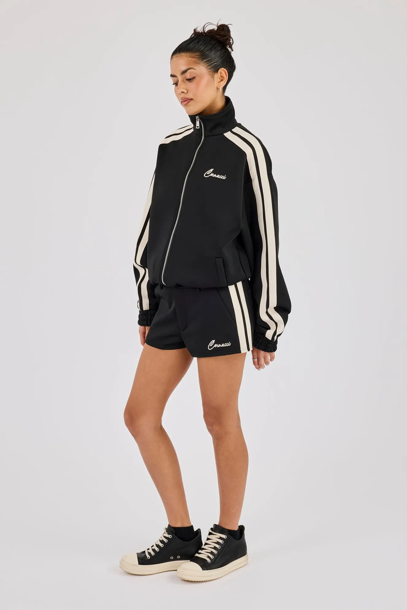Funnel Neck Taping Zip Through Track Jacket & Micro Short - Black