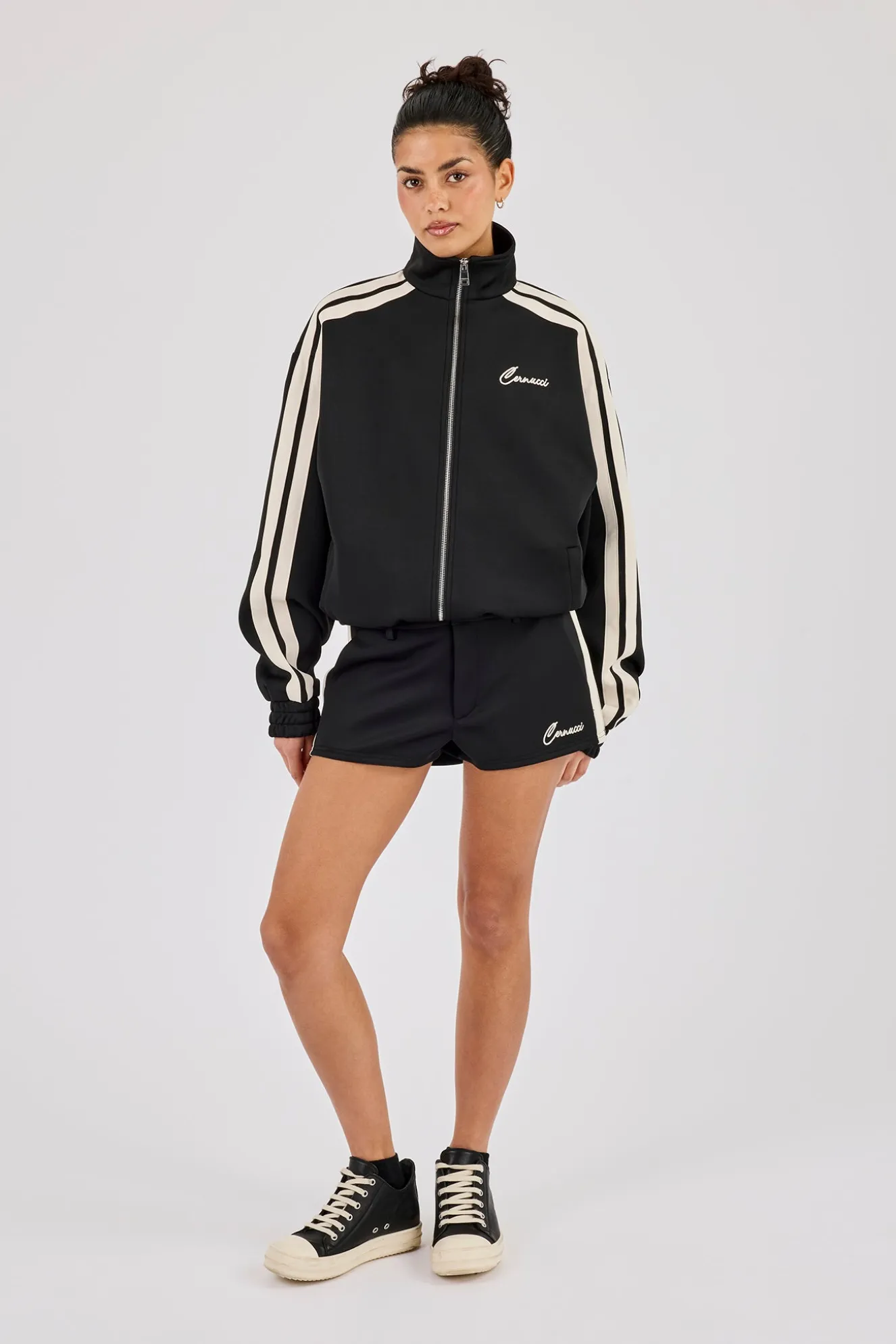 Funnel Neck Taping Zip Through Track Jacket & Micro Short - Black