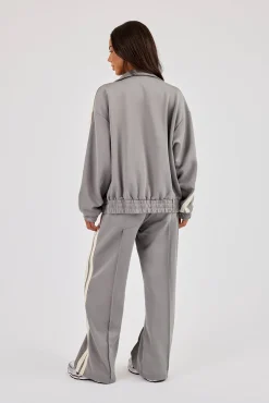 Funnel Neck Taping Zip Through Tracksuit - Grey