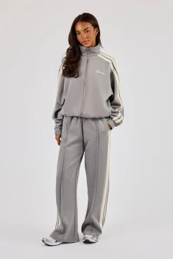 Funnel Neck Taping Zip Through Tracksuit - Grey