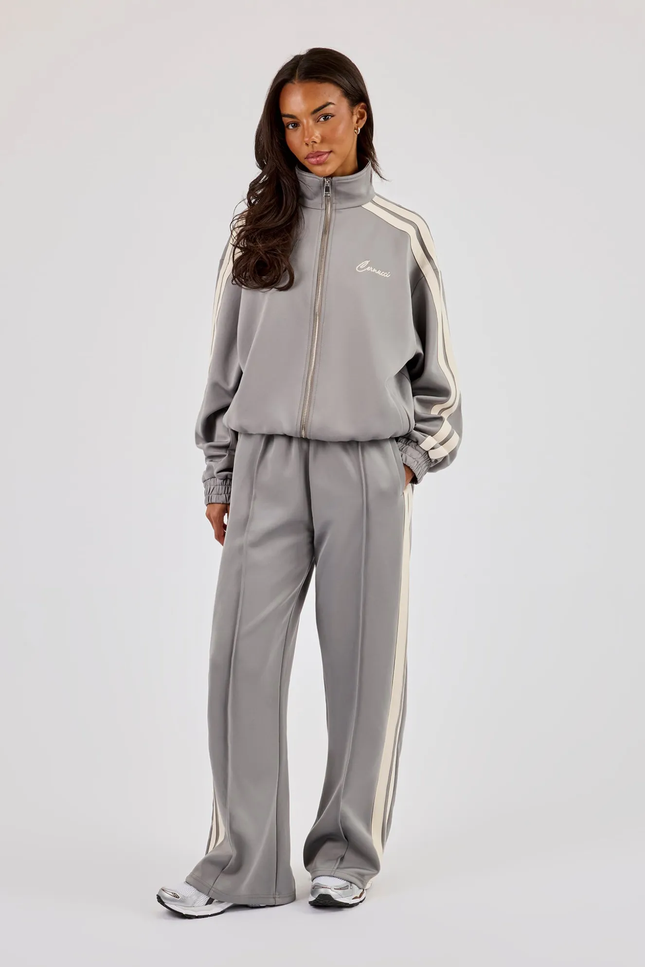 Funnel Neck Taping Zip Through Tracksuit - Grey
