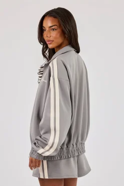 Funnel Neck Taping Zip Through Track Jacket - Grey