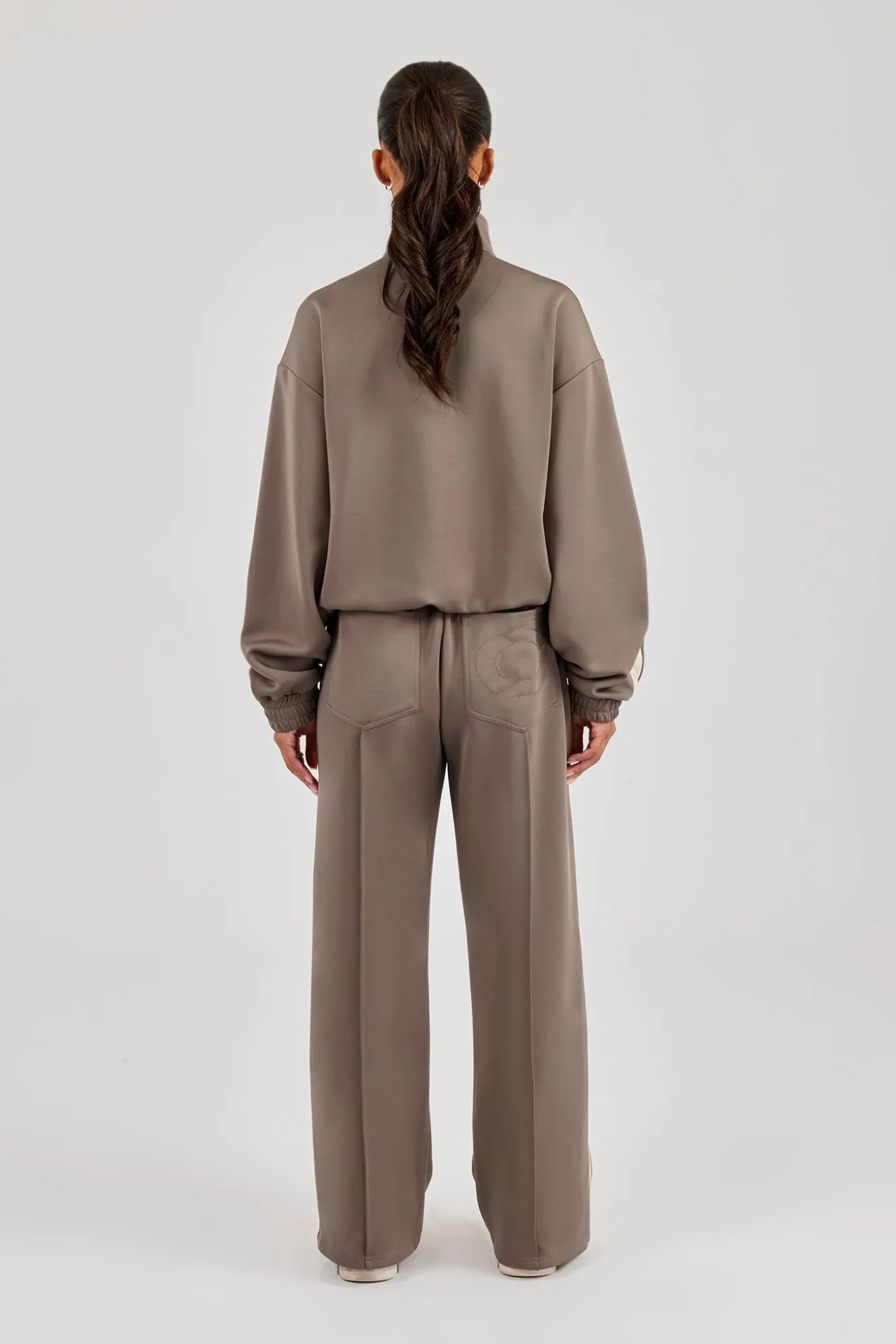 Funnel Neck Taping Zip Through Track Jacket & Wide Leg Pant - Taupe