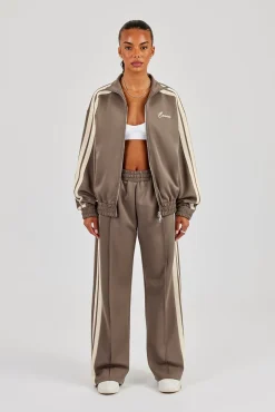 Funnel Neck Taping Zip Through Track Jacket & Wide Leg Pant - Taupe