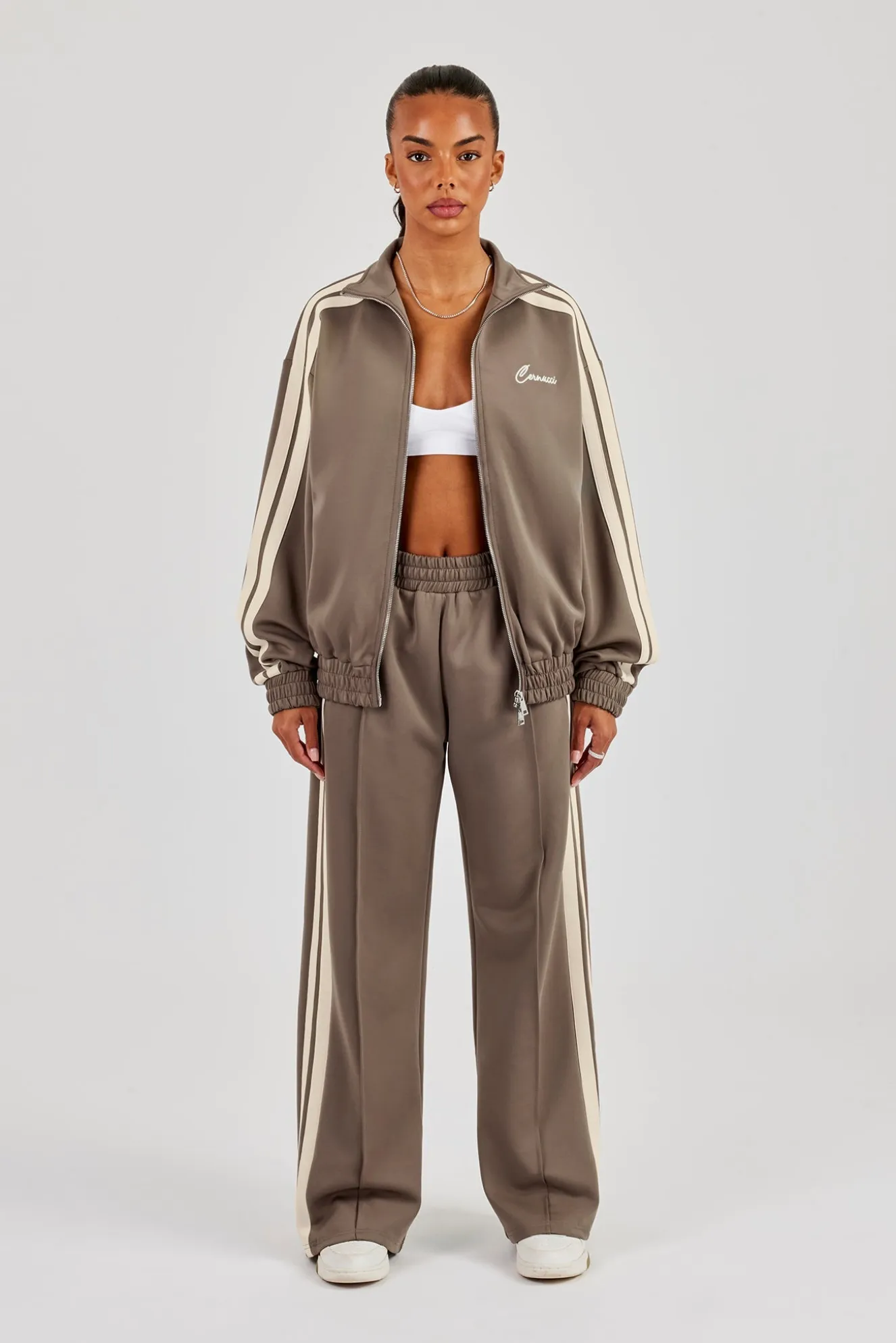Funnel Neck Taping Zip Through Track Jacket & Wide Leg Pant - Taupe