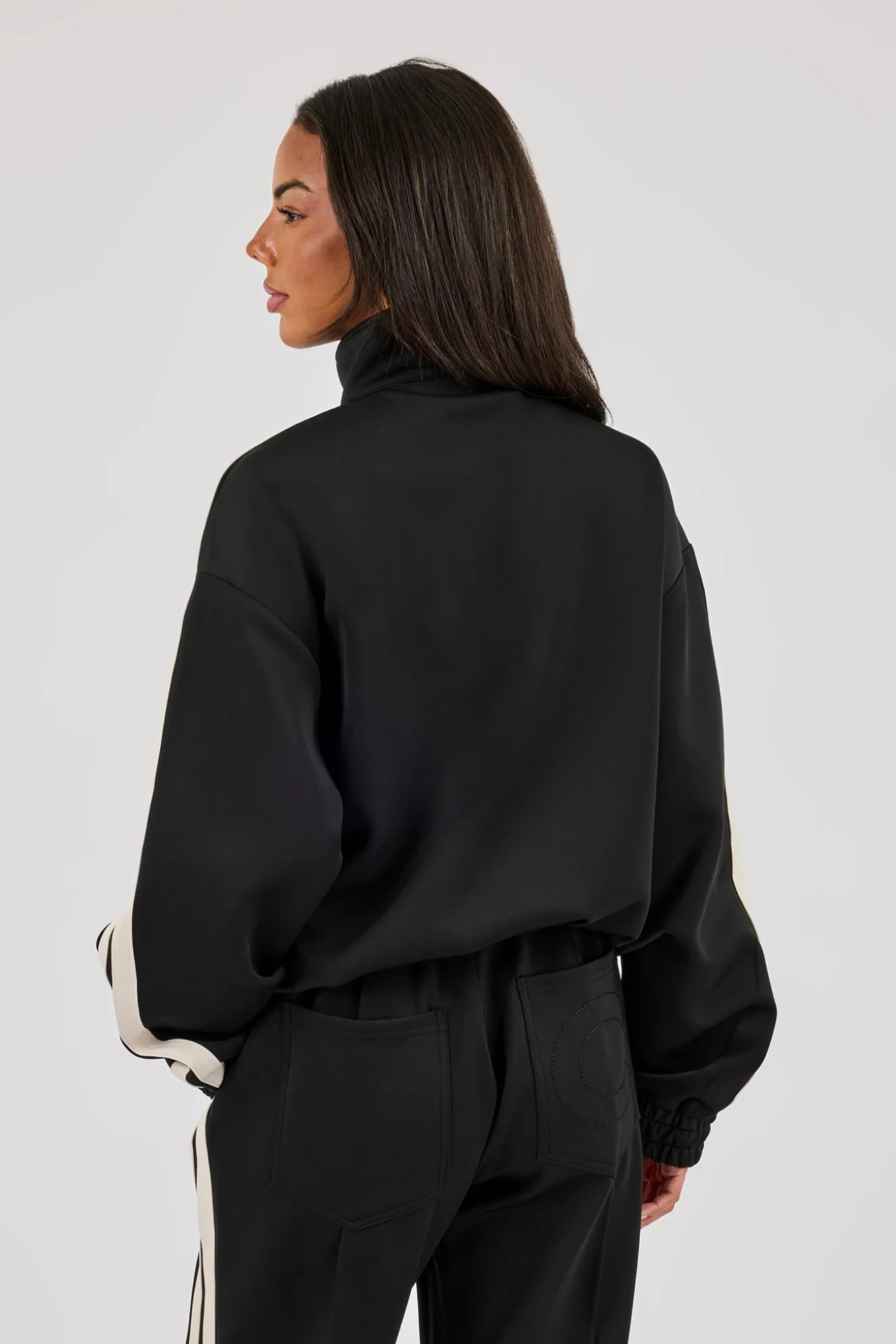 Funnel Neck Taping Zip Through Track Jacket - Black