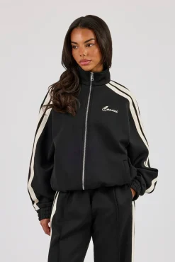 Funnel Neck Taping Zip Through Track Jacket - Black