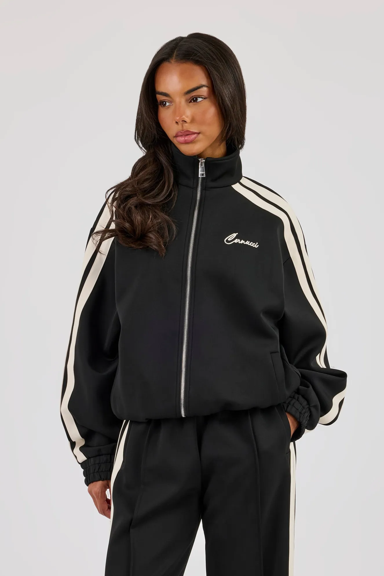 Funnel Neck Taping Zip Through Track Jacket - Black