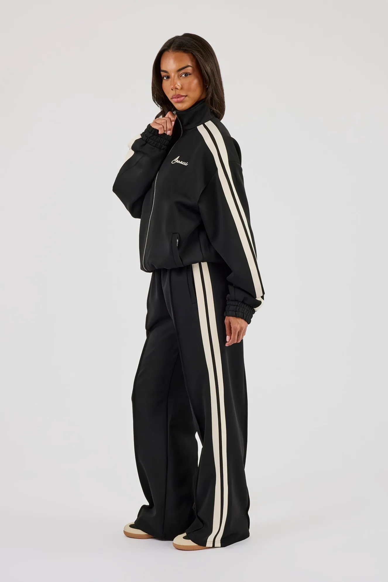 Funnel Neck Taping Zip Through Track Jacket - Black