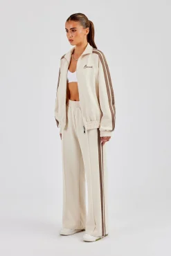 Funnel Neck Taupe Taping Zip Through Track Jacket & Wide Leg Pant - Off White