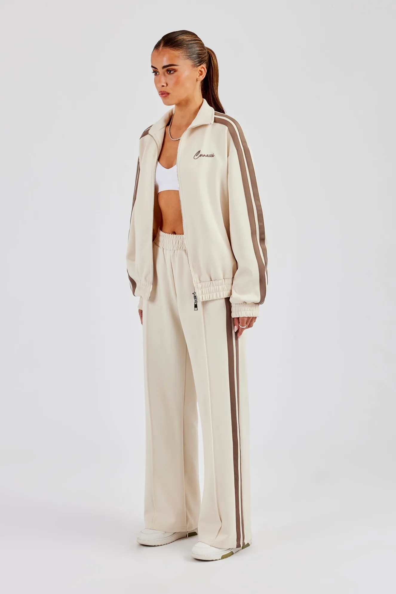 Funnel Neck Taupe Taping Zip Through Track Jacket & Wide Leg Pant - Off White