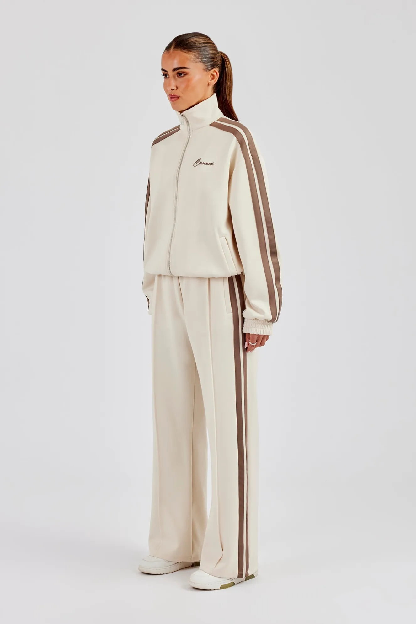 Funnel Neck Taupe Taping Zip Through Track Jacket & Wide Leg Pant - Off White