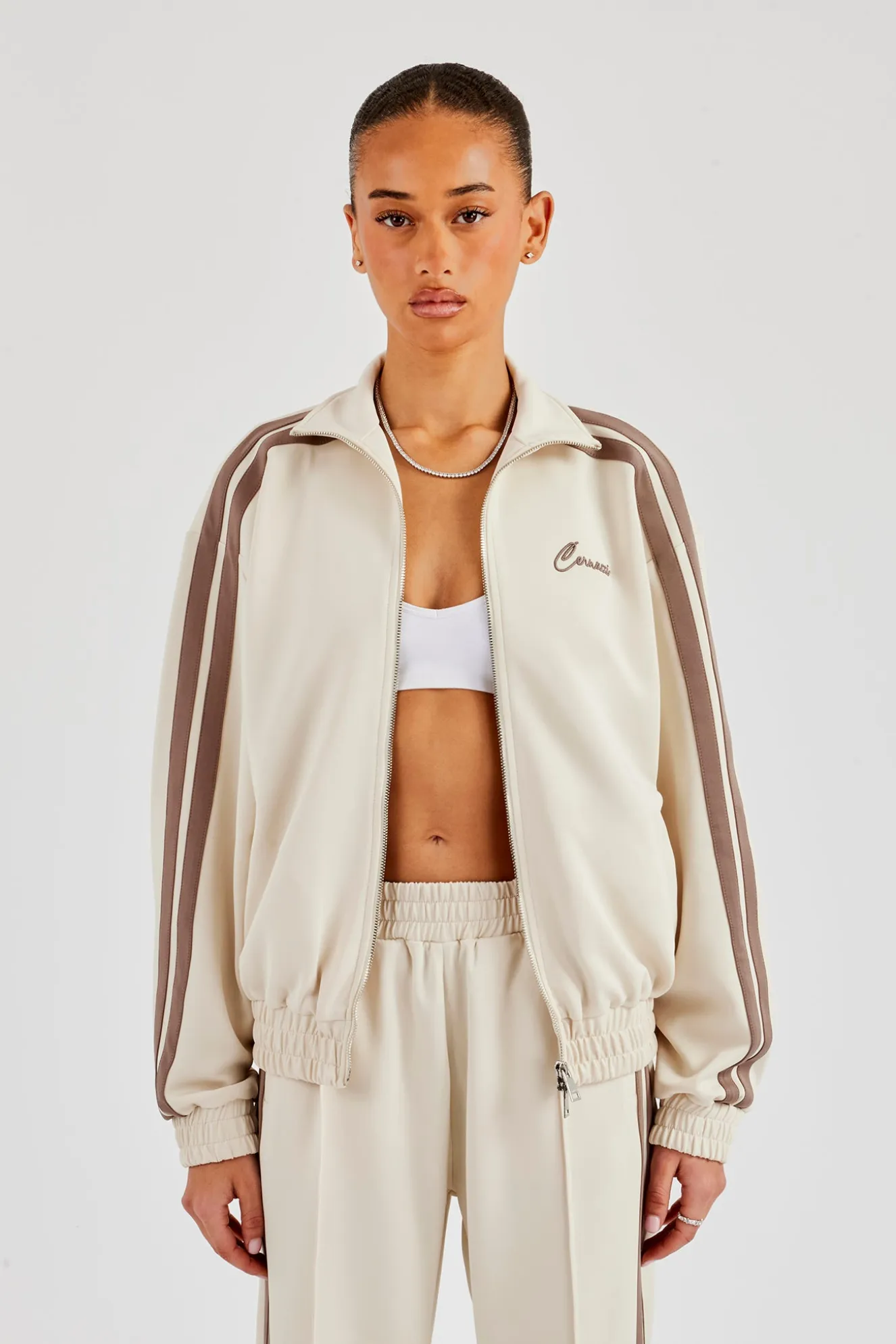 Funnel Neck Taupe Taping Zip Through Jacket - Off White