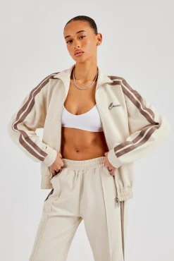 Funnel Neck Taupe Taping Zip Through Jacket - Off White