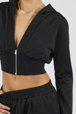 Glitter Fitted Cropped Hoodie & Wide Leg Jogger - Black