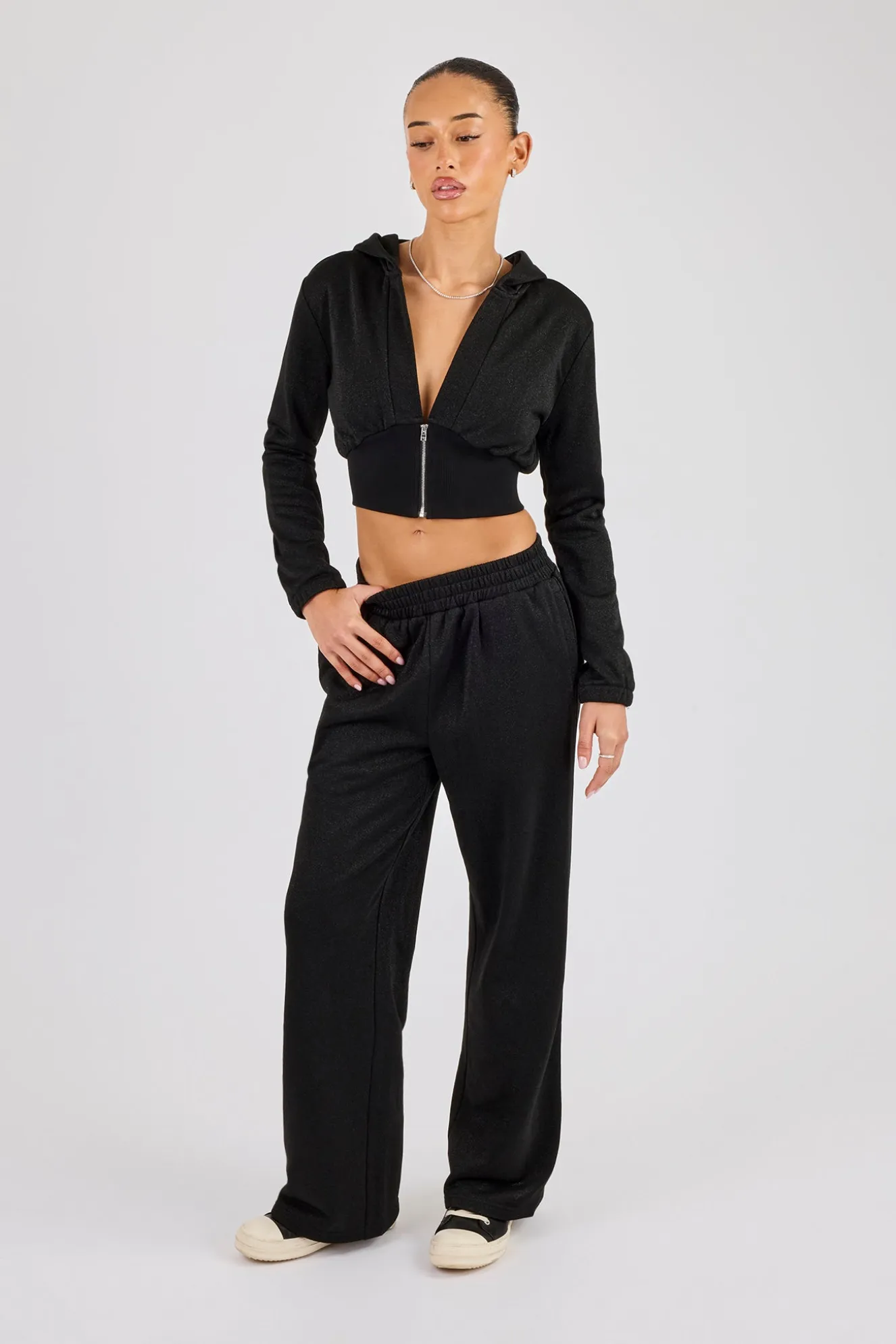 Glitter Fitted Cropped Hoodie & Wide Leg Jogger - Black