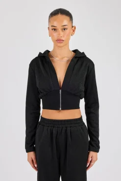 Glitter Fitted Cropped Hoodie - Black