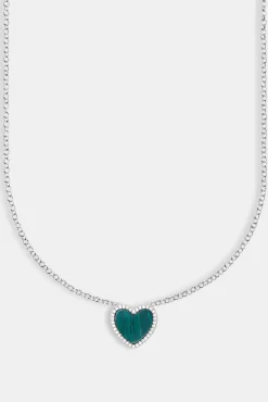 Green Malachite Heart Necklace - White - 20mm