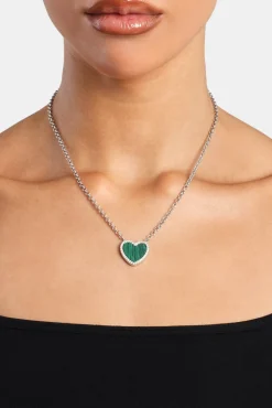 Green Malachite Heart Necklace - White - 20mm