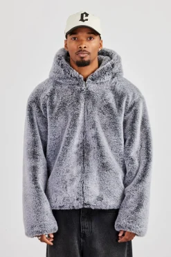 Hooded Fur Jacket - Grey