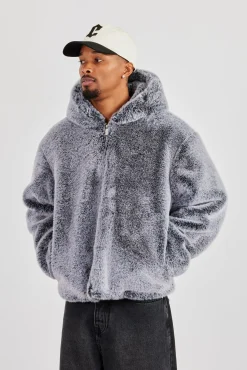 Hooded Fur Jacket - Grey