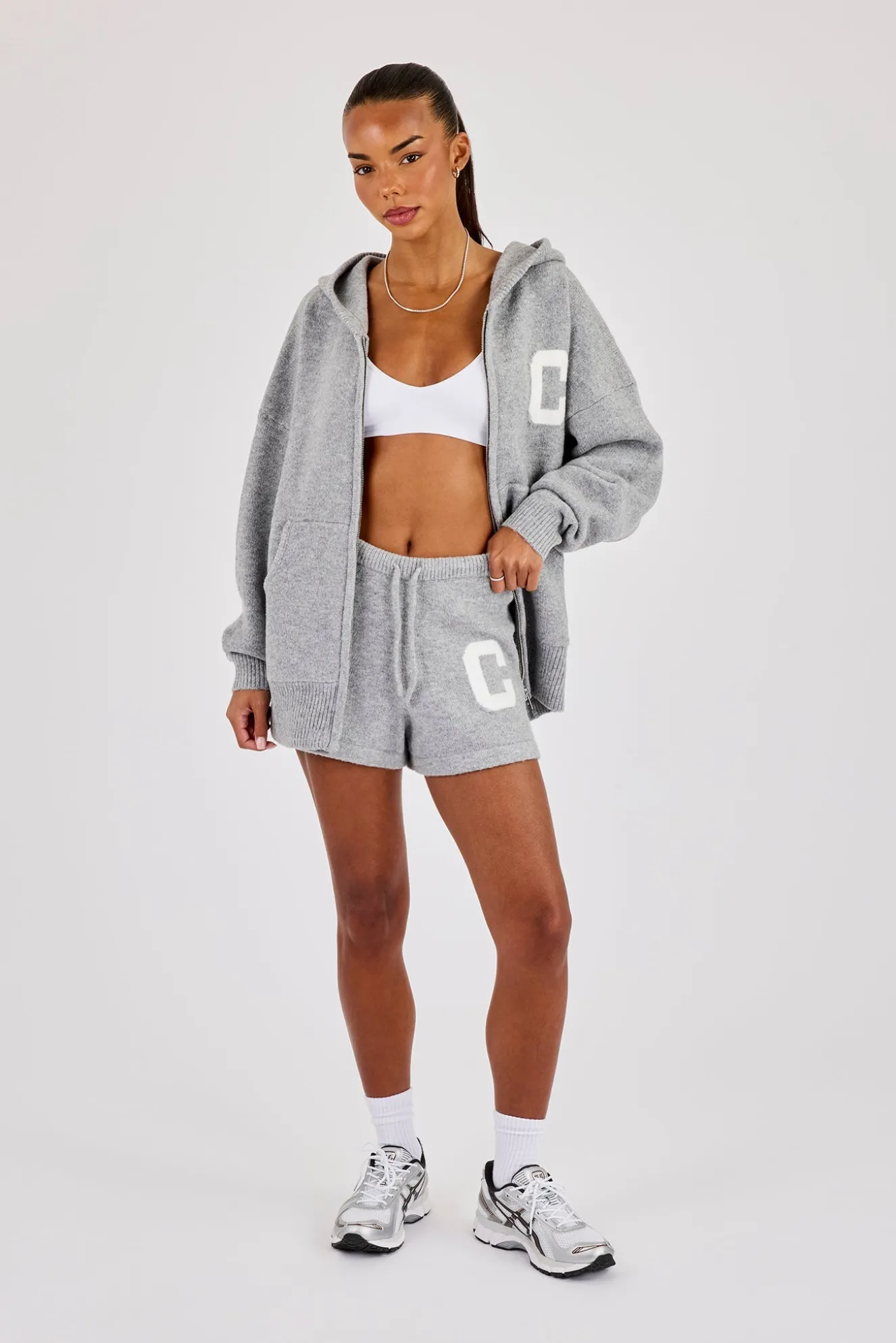 Hooded Zip Through Knitted Hoodie & Short - Grey