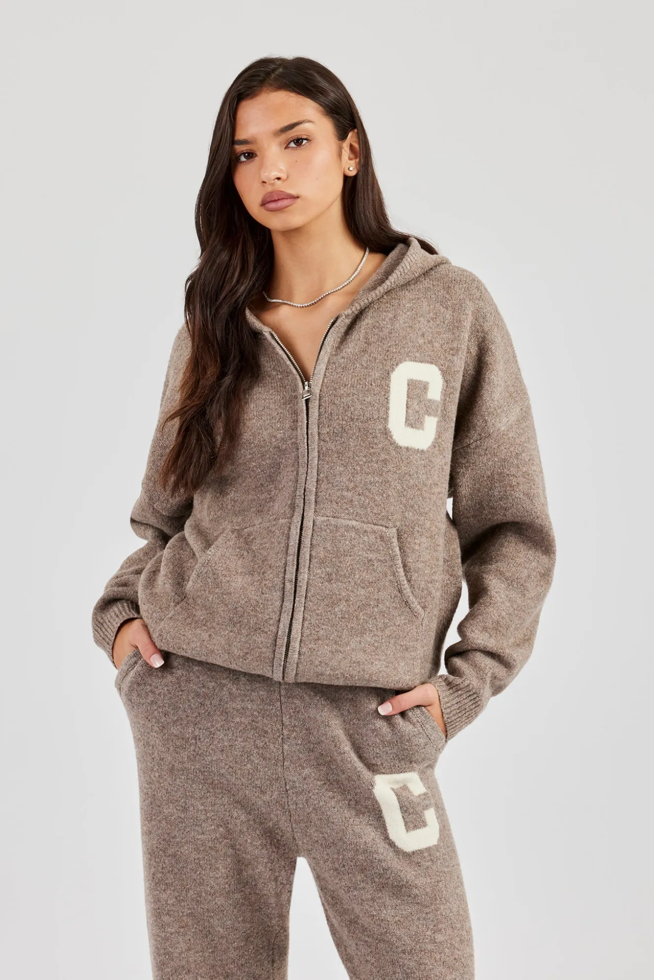 Hooded Zip Through Knitted Jumper - Taupe