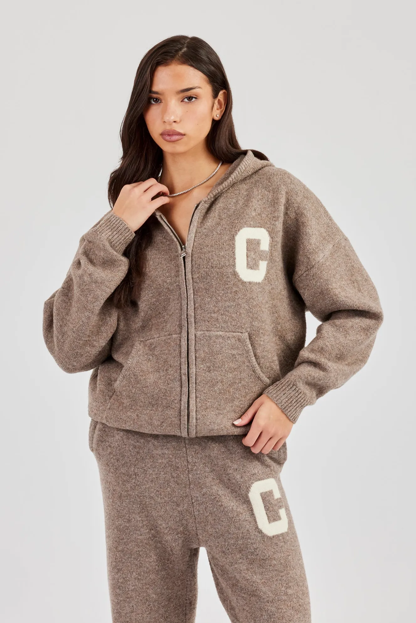 Hooded Zip Through Knitted Jumper - Taupe
