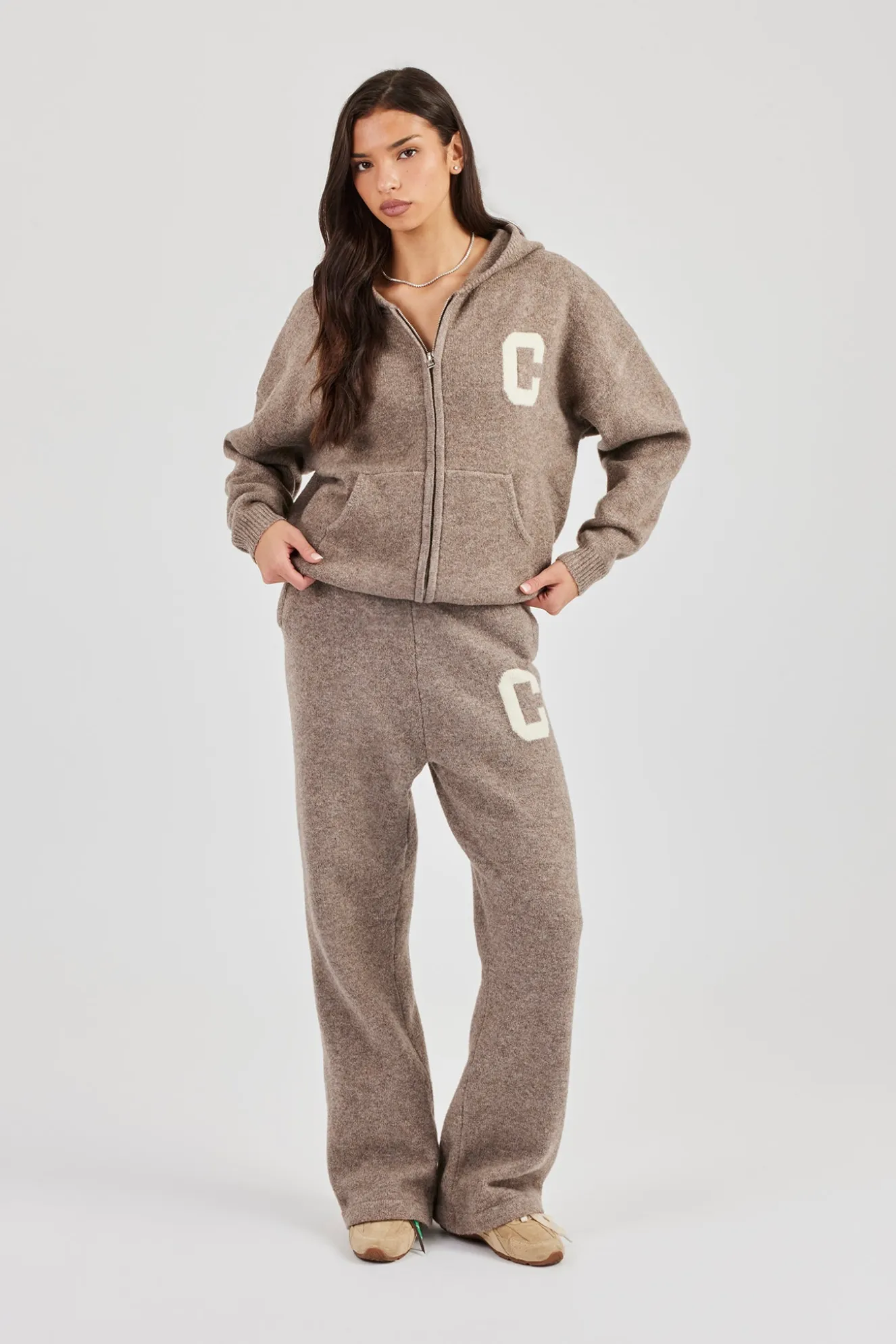 Hooded Zip Through Knitted Jumper - Taupe