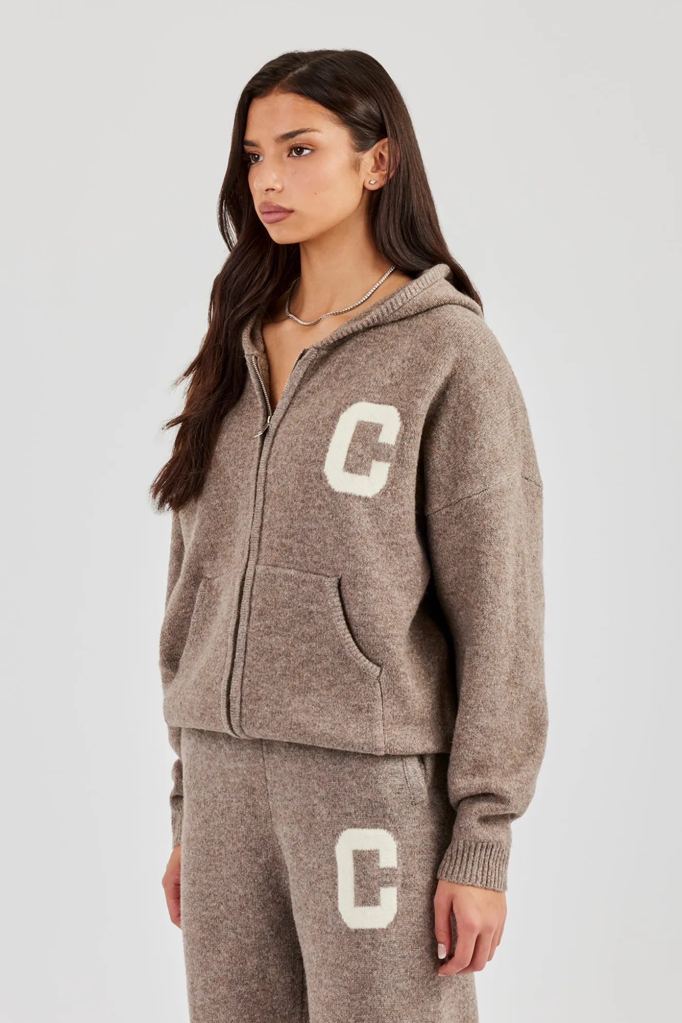 Hooded Zip Through Knitted Jumper - Taupe