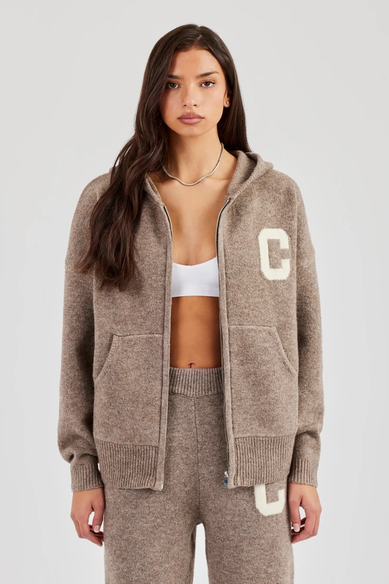 Hooded Zip Through Knitted Jumper - Taupe