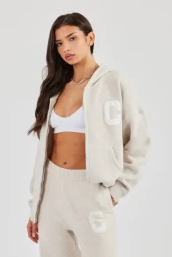 Hooded Zip Through Knitted Jumper - Oatmeal